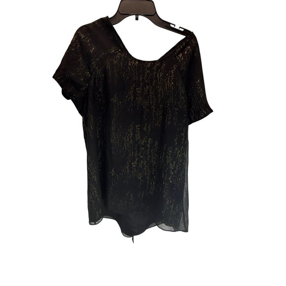 Gap Black Sheer Metallic Gold Accent Blouse Large Short Sleeve Party Holiday Top - Picture 6 of 9